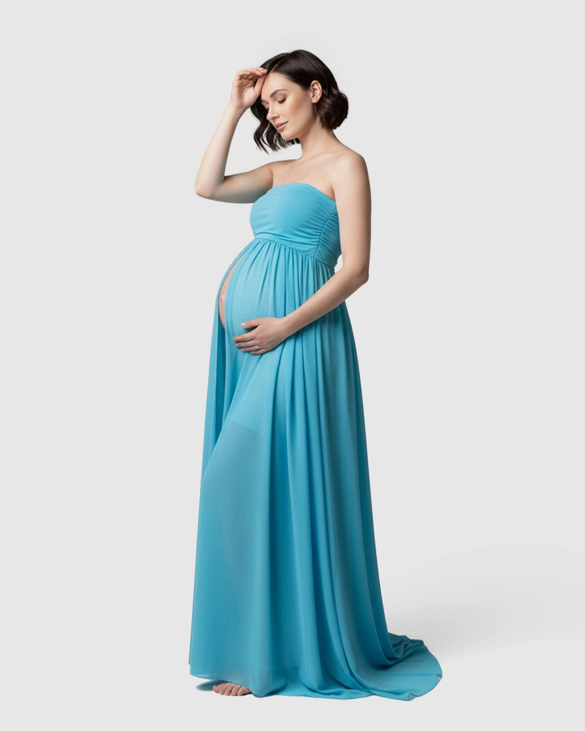 Strapless Ruched Front Slit Maternity Photoshoot Dress