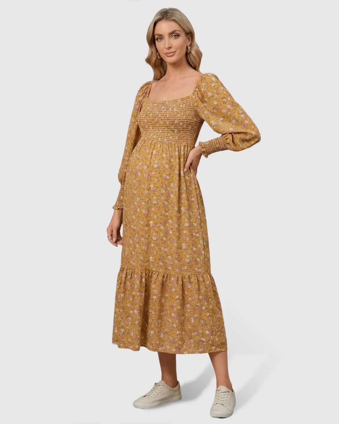 Shirred Bodice Floral Maternity Midi Dress