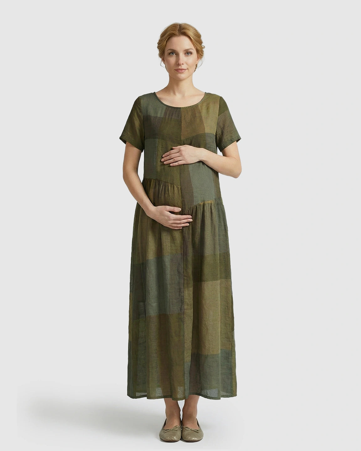 Pocketed Plaid Loose Maternity Maxi Dress