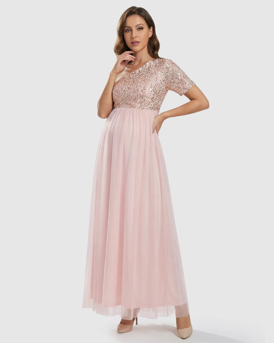 Sequin Bodice Flowing Mesh Maternity Maxi Dress