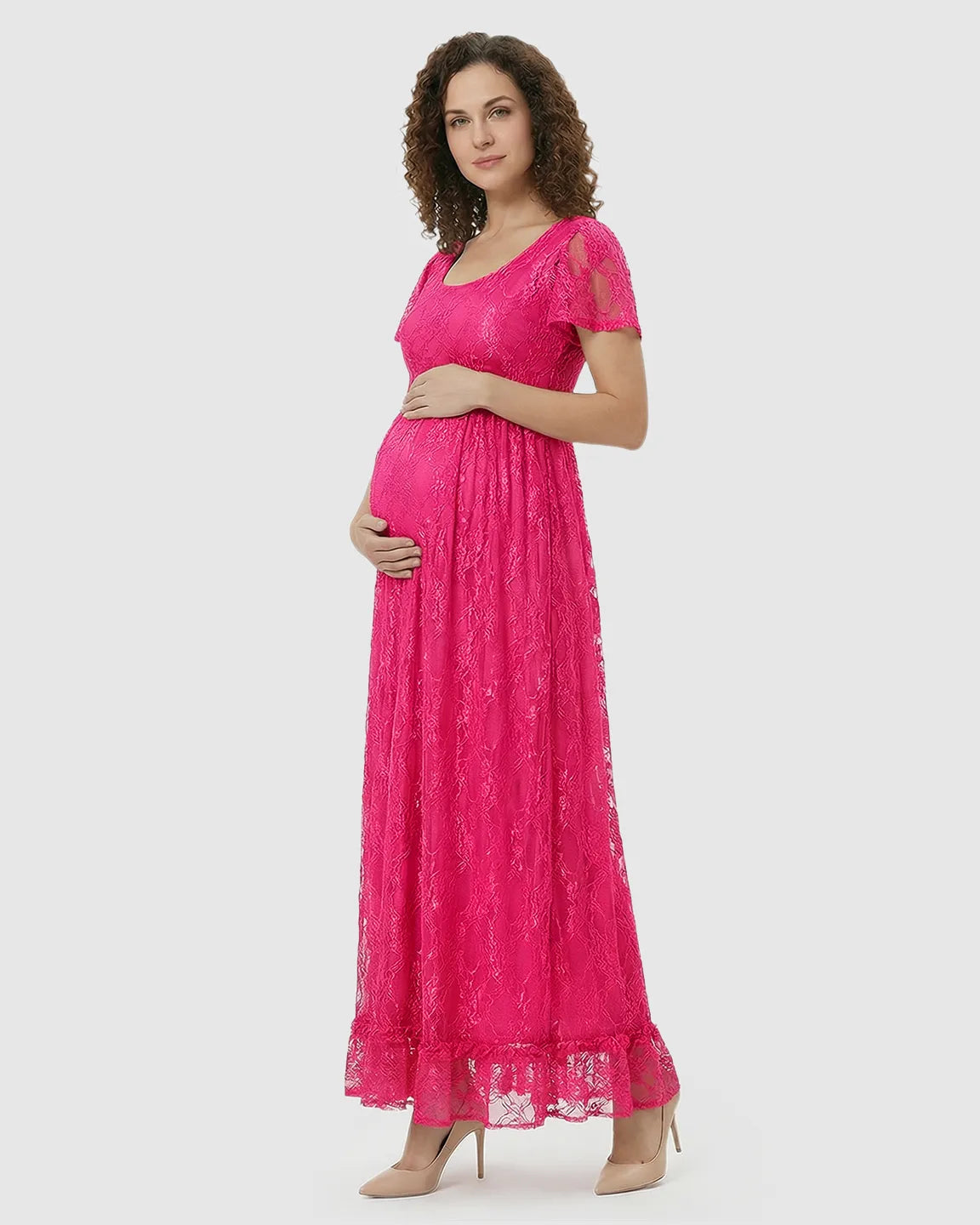 Ruffled Hem Floral Lace Maternity Photoshoot Dress