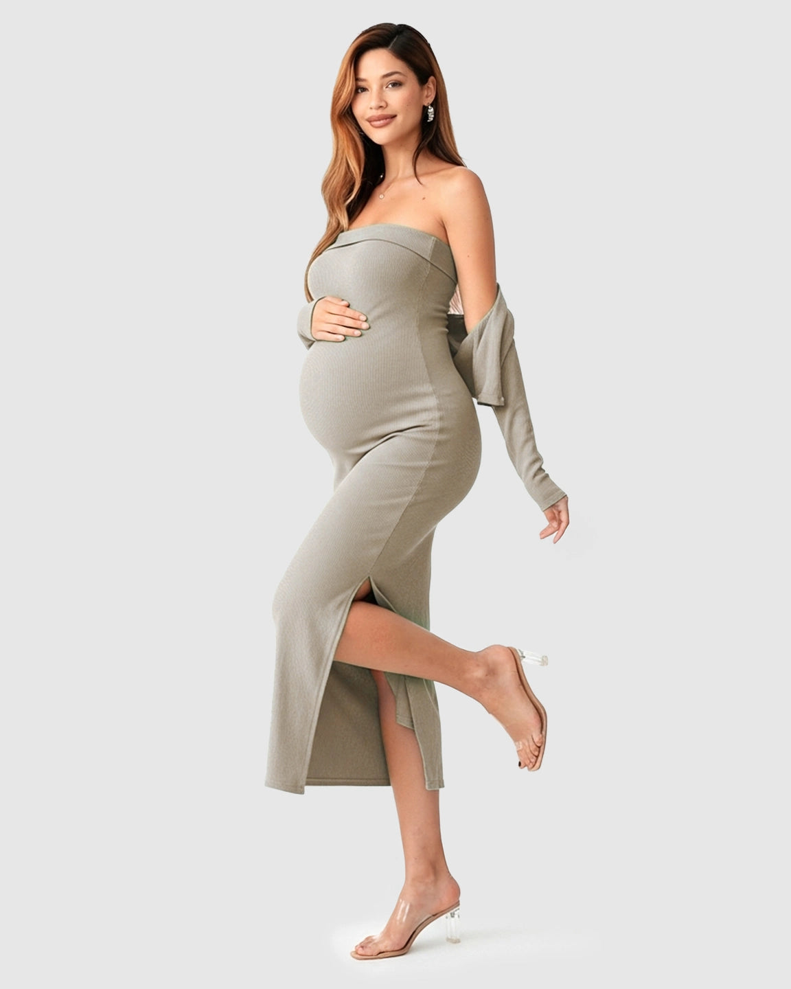 Knitted Two-Piece Bodycon Maternity Midi Dress Set