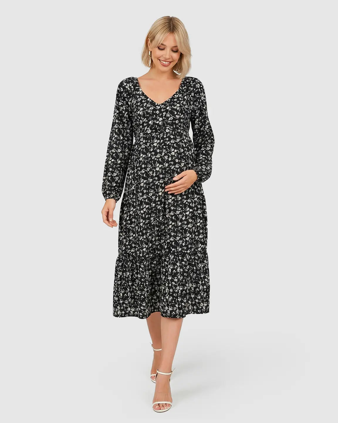 Floral Balloon Sleeves Midi Maternity Dress