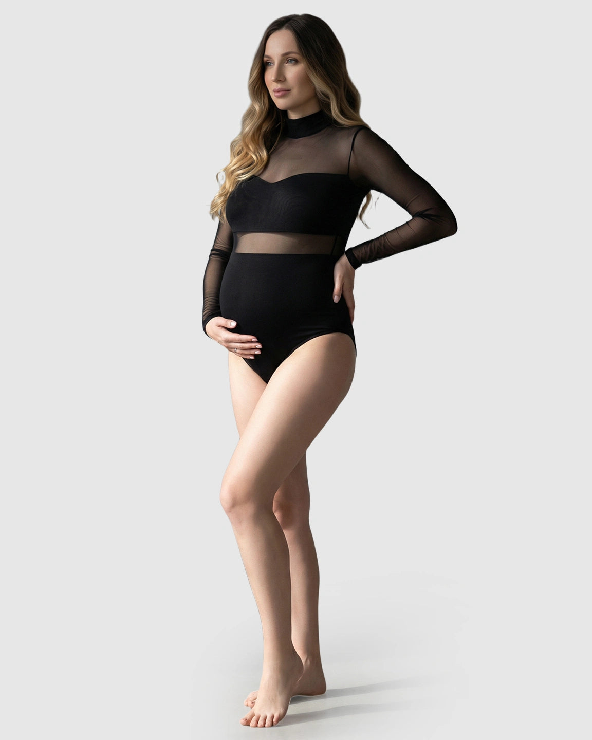 Long-Sleeve Sheer Mesh Bodycon Maternity Photoshoot Bodysuit