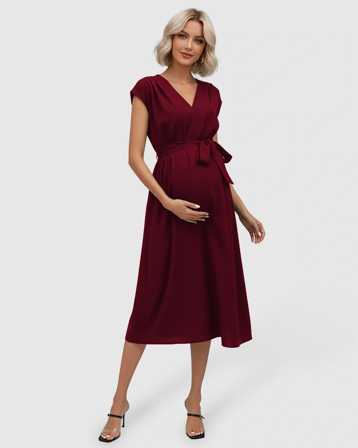 Tie-Waist V-Neck Maternity Midi Dress