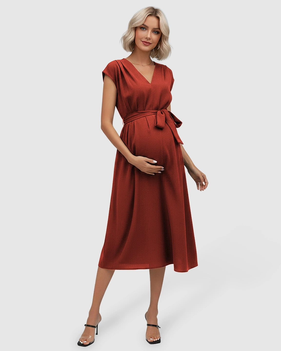 Tie-Waist V-Neck Maternity Midi Dress