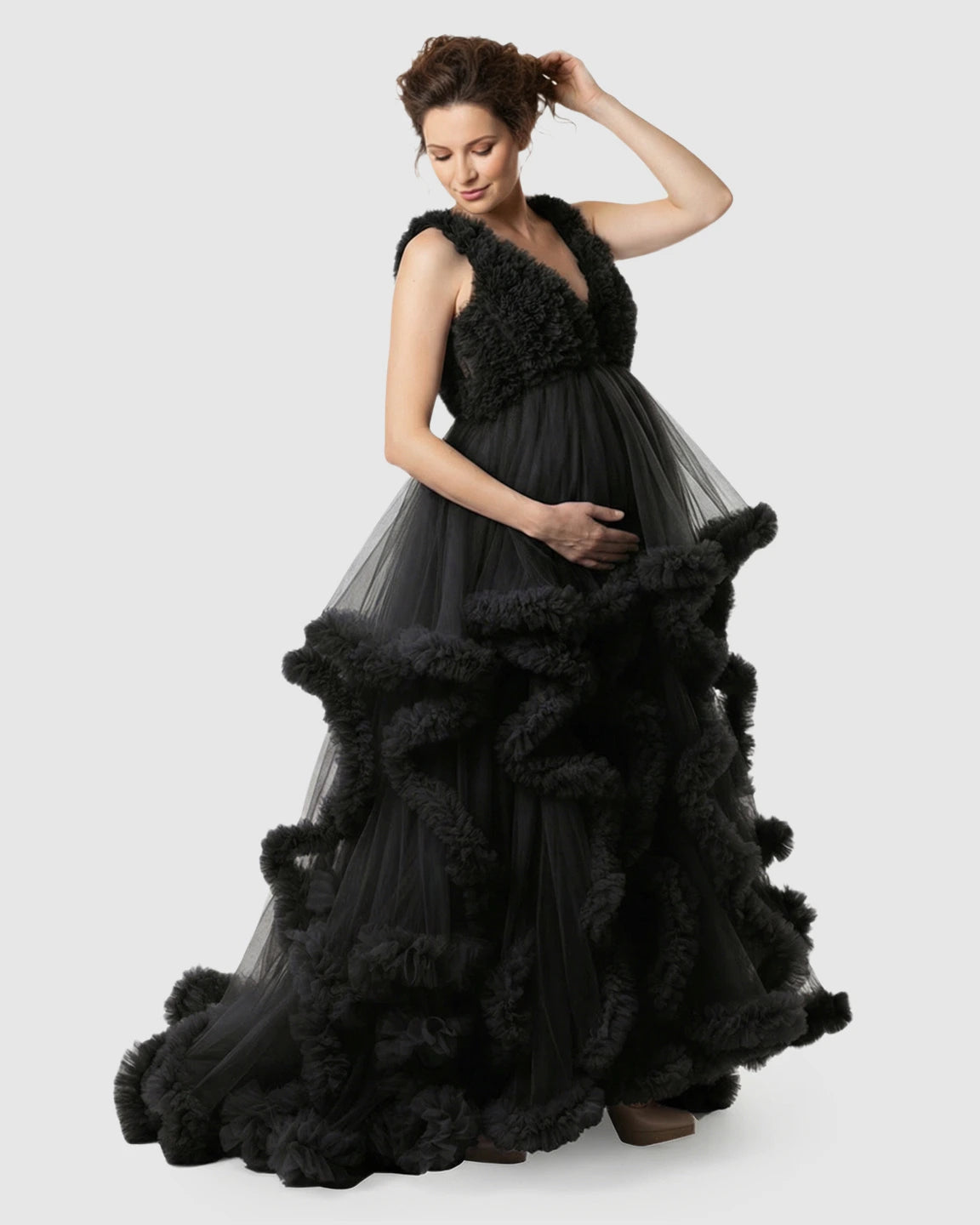 Ruffled Bodice Multi-Layer Mesh Pleats Maternity Gown