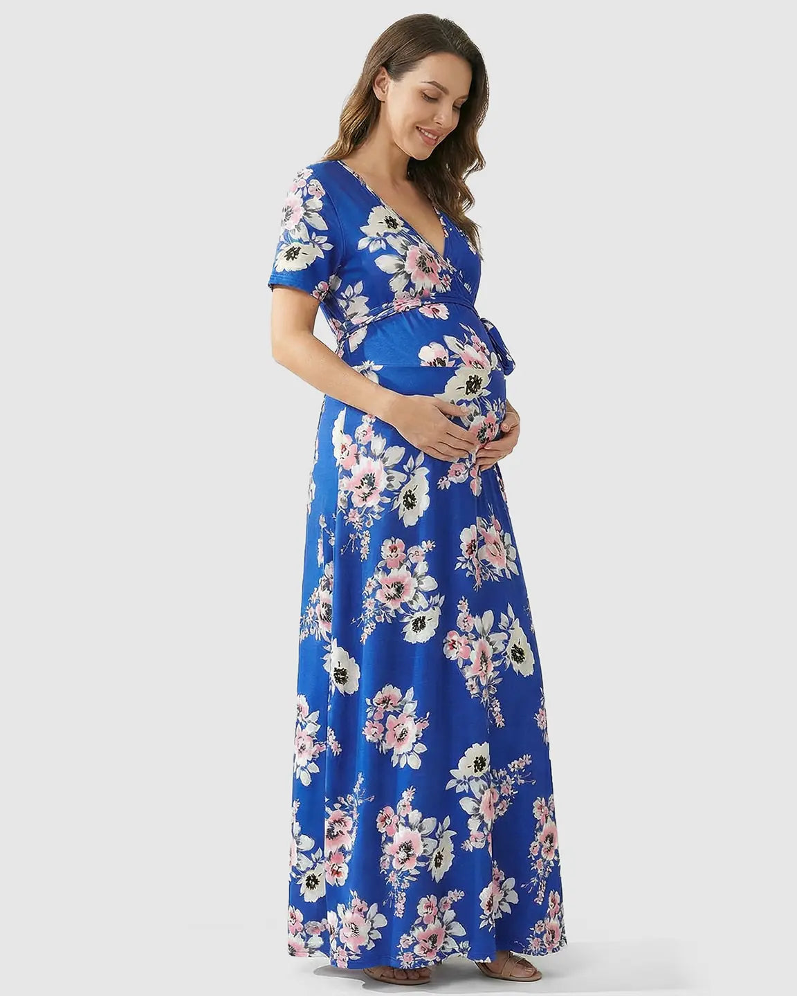 Floral Wrap Waist-Defining Maternity Maxi Dress