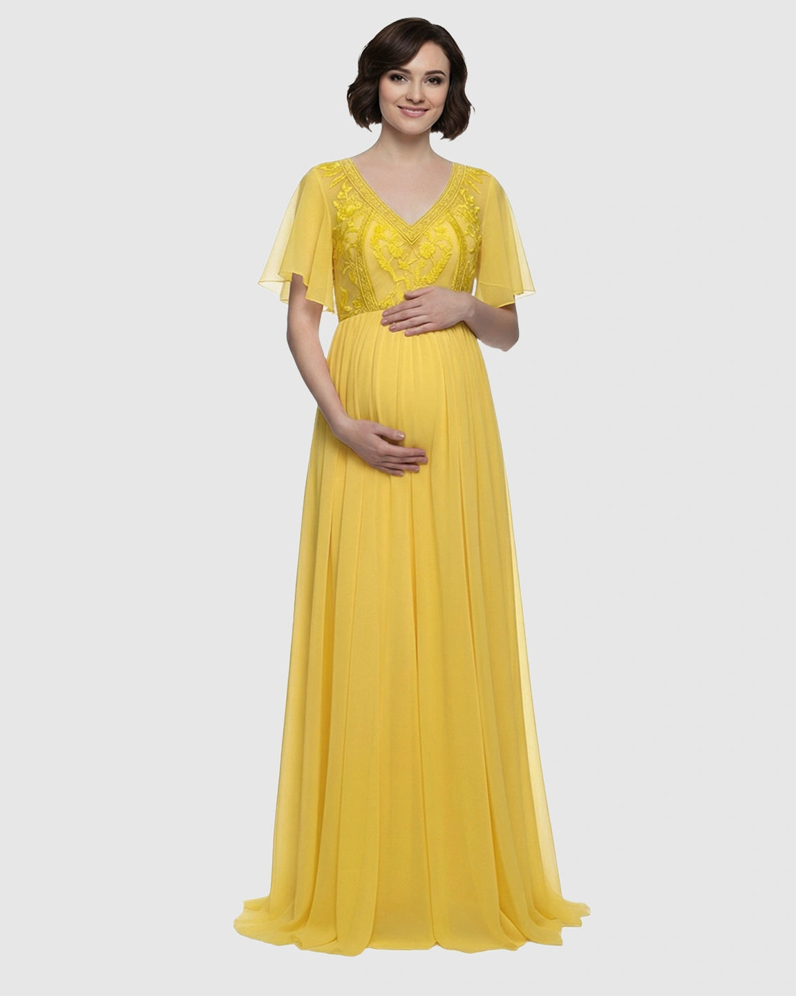 Embroidered Bodice Long Train Maternity Photoshoot Gown