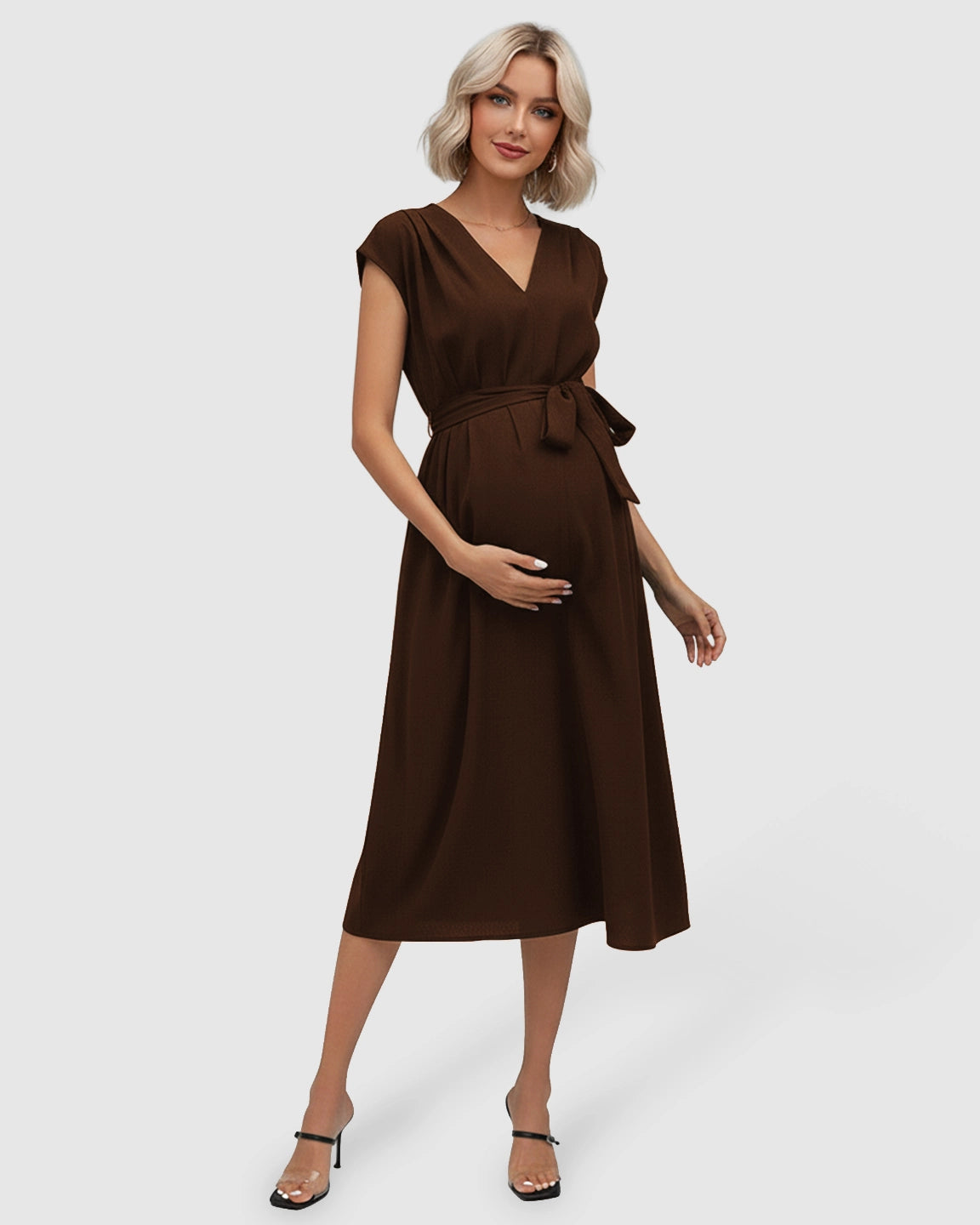 Tie-Waist V-Neck Maternity Midi Dress