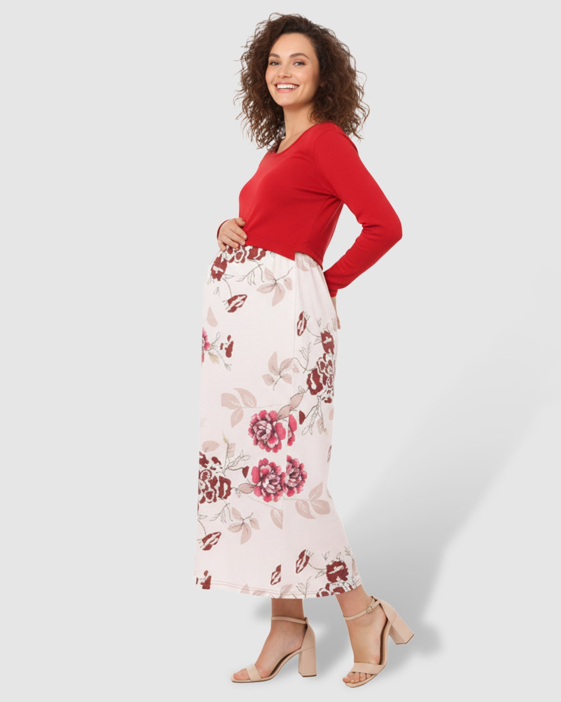 Red Floral Nursing & Maternity Midi Dress