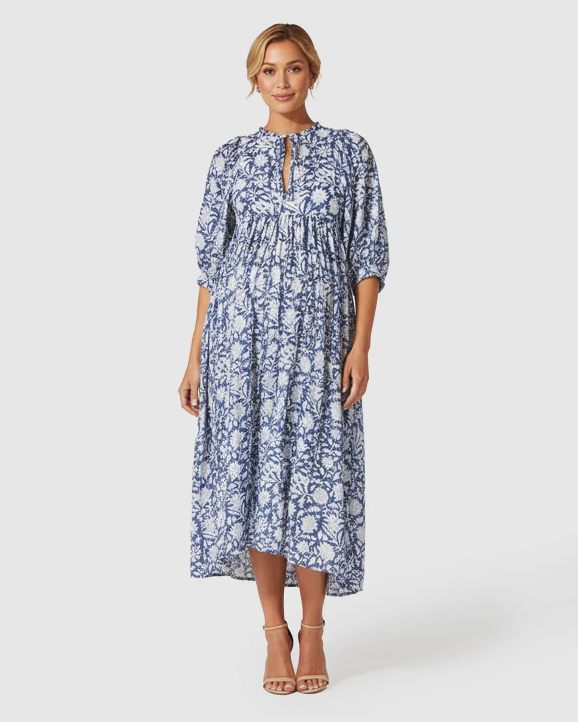 Gathered Shoulder Floral Loose Fit Maternity Midi Dress