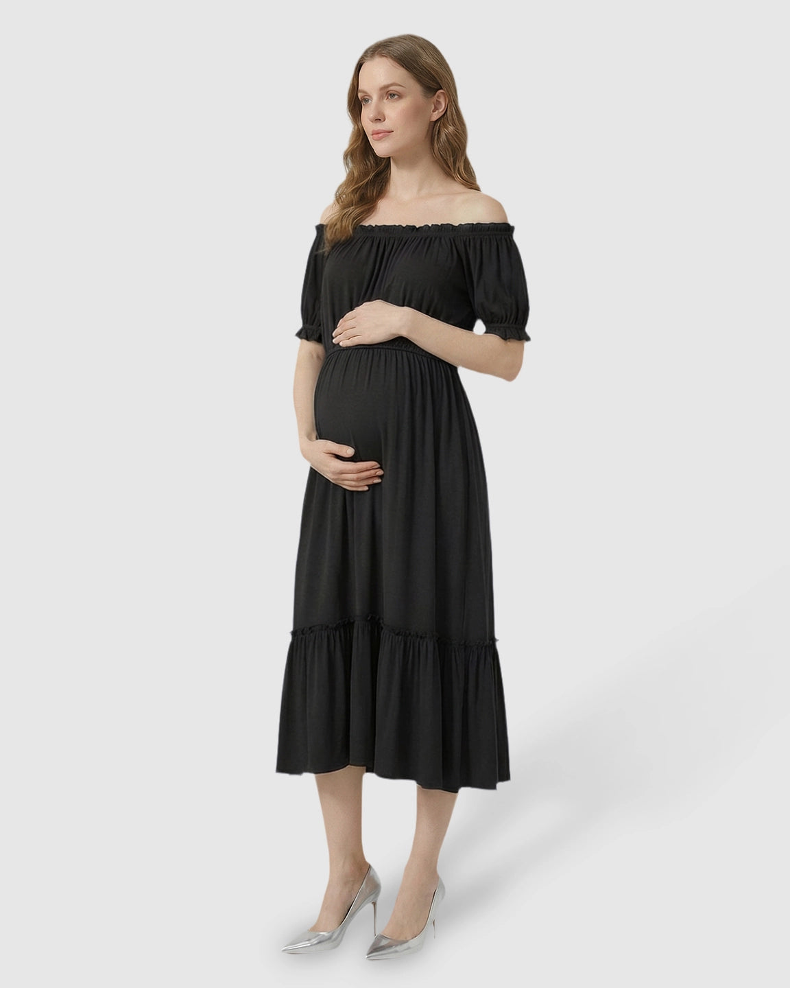 Ruched Off-Shoulder Maternity Midi Dress