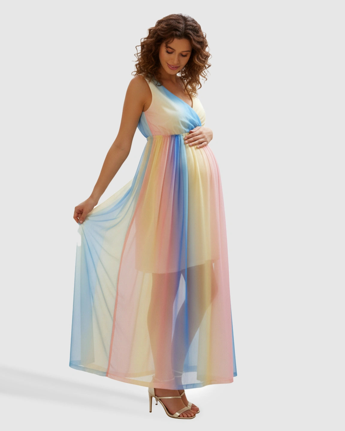 Deep V-Neck Rainbow Chiffon Maternity Maxi Dress