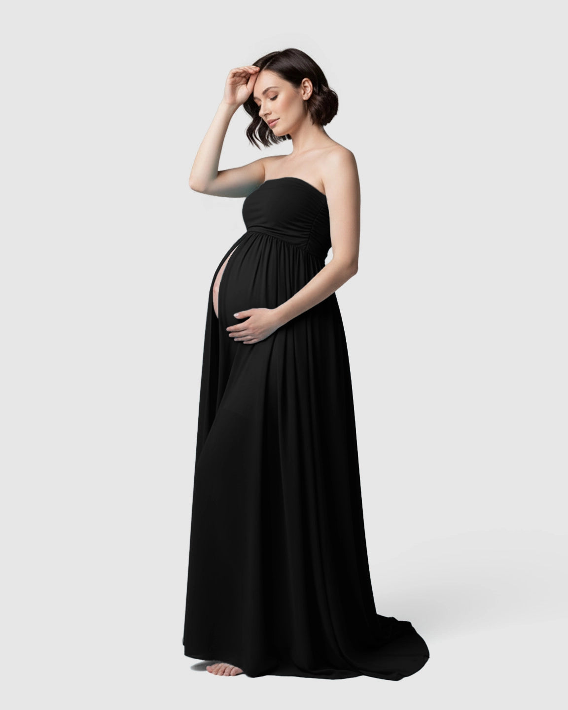 Strapless Ruched Front Slit Maternity Photoshoot Dress
