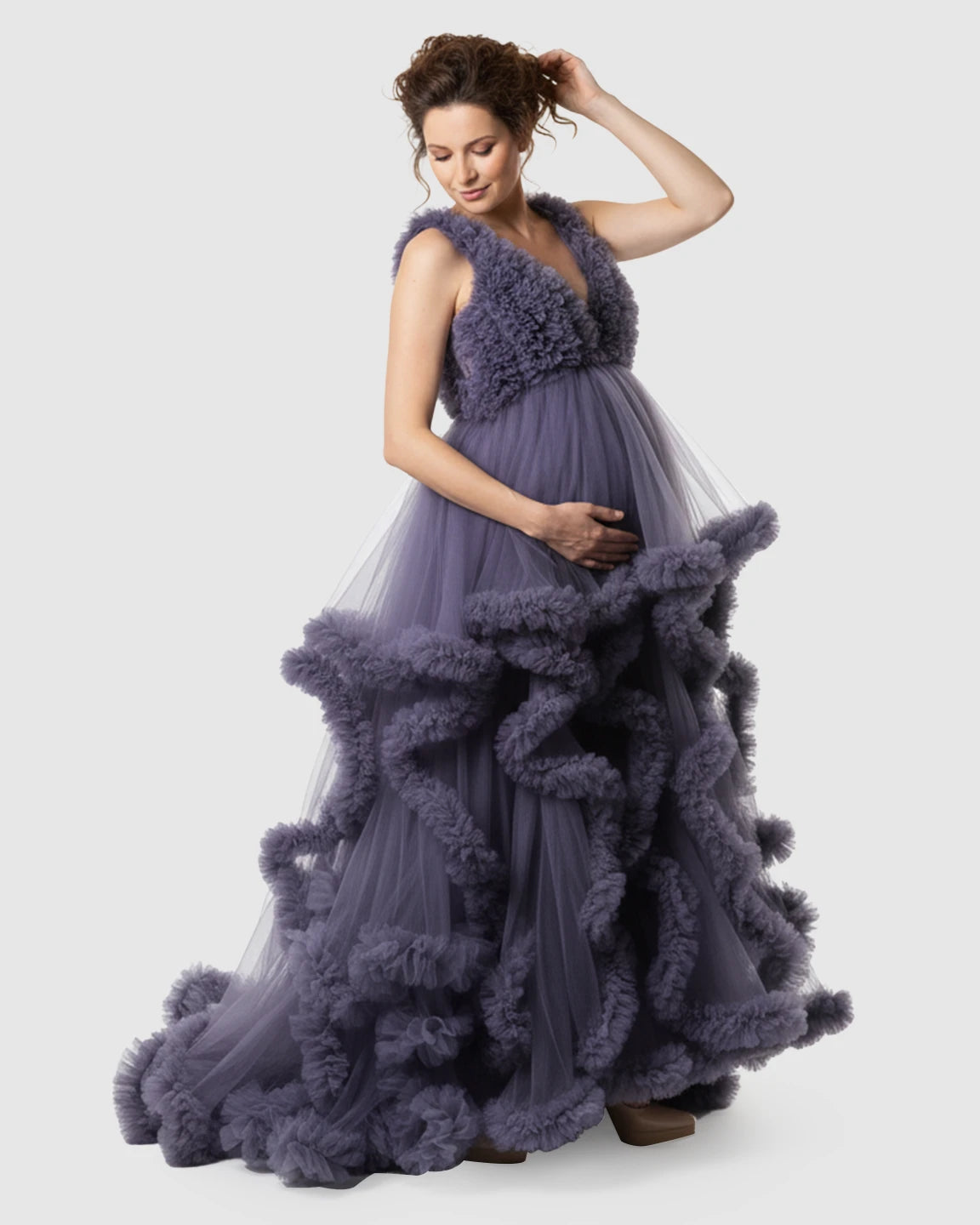 Ruffled Bodice Multi-Layer Mesh Pleats Maternity Gown