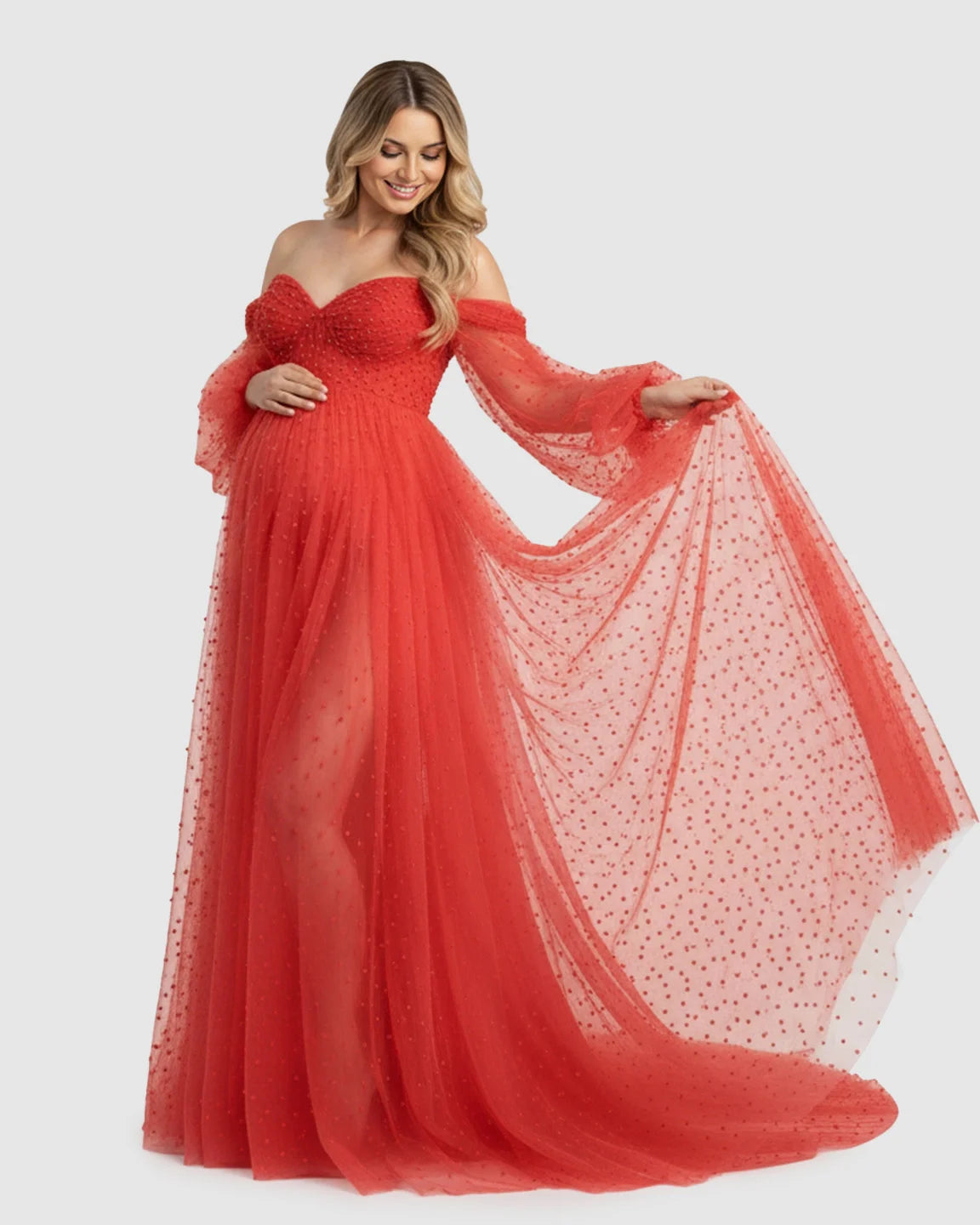 Off-Shoulder Tulle Train Maternity Gown
