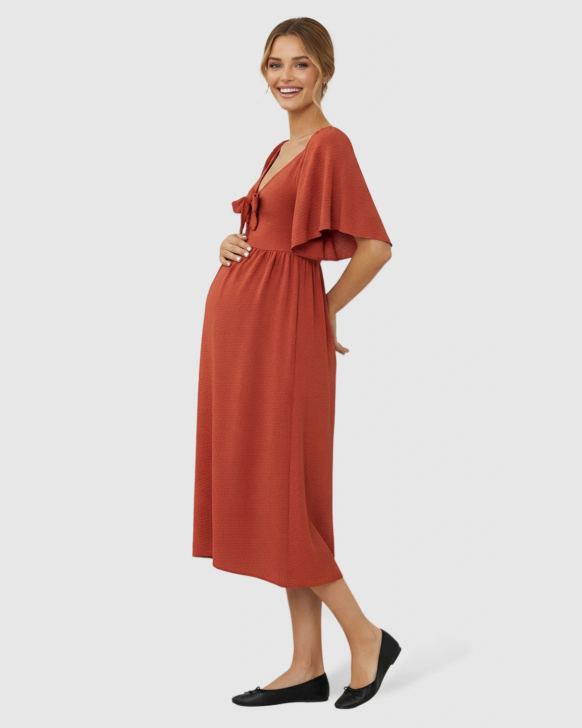 Tie-Knot Front Swing Silhouette Maternity Midi Dress