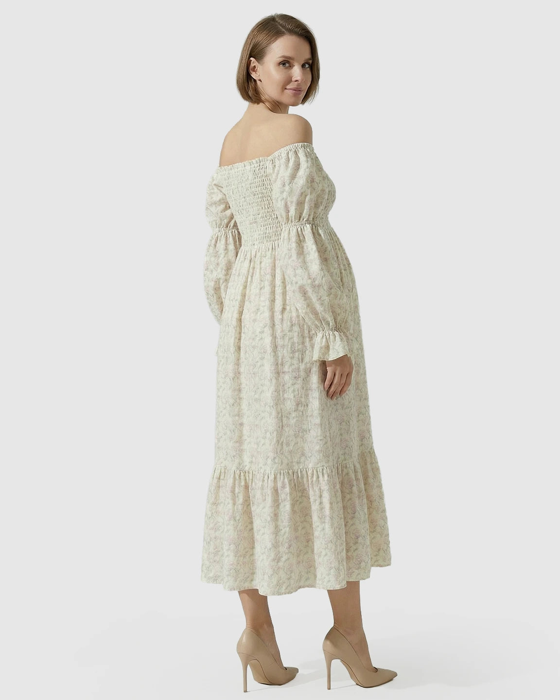 Puff Sleeves Floral Print Maternity Maxi Dress