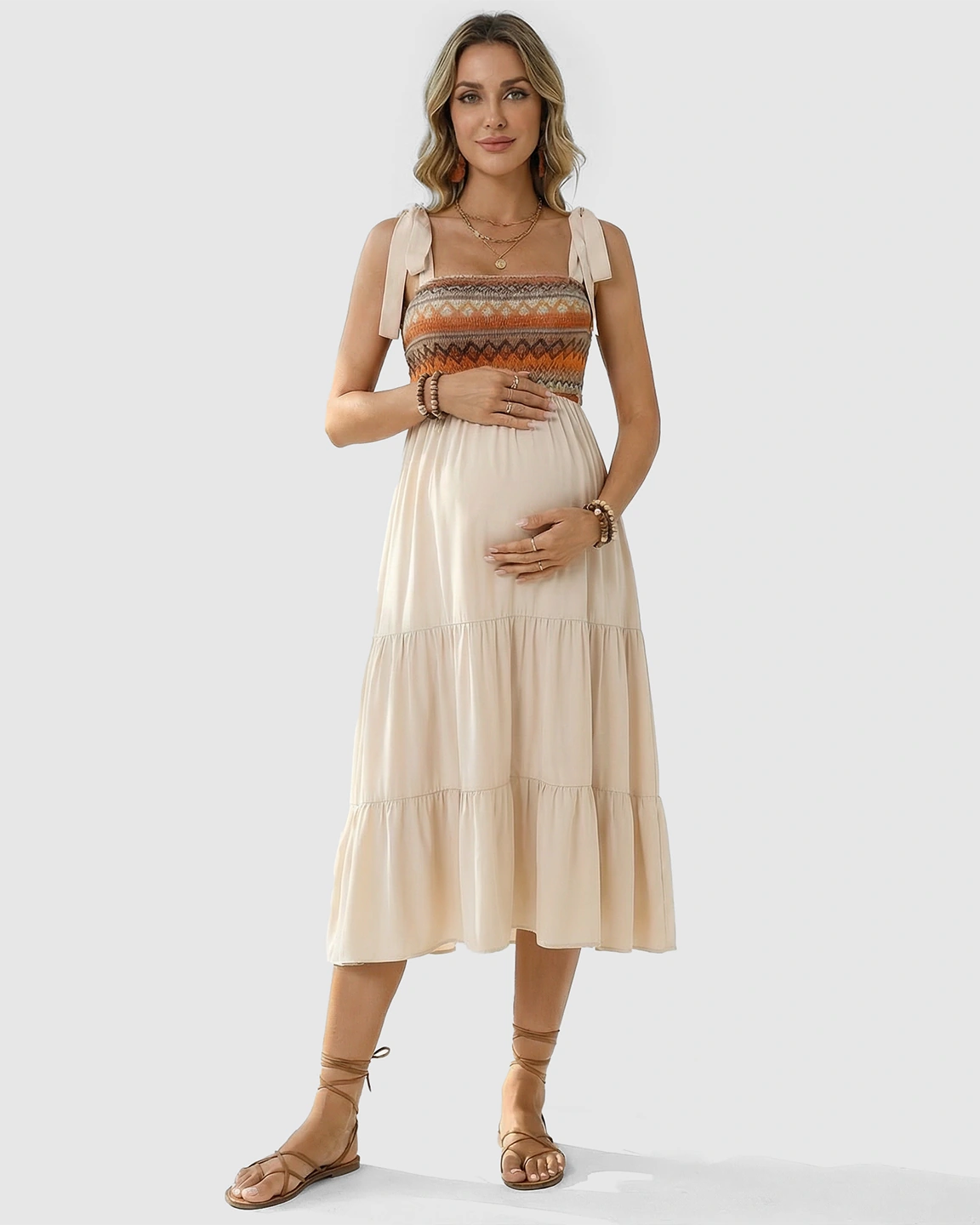Smocked Ethnic Bodice Tiered A-Line Maternity Sundress