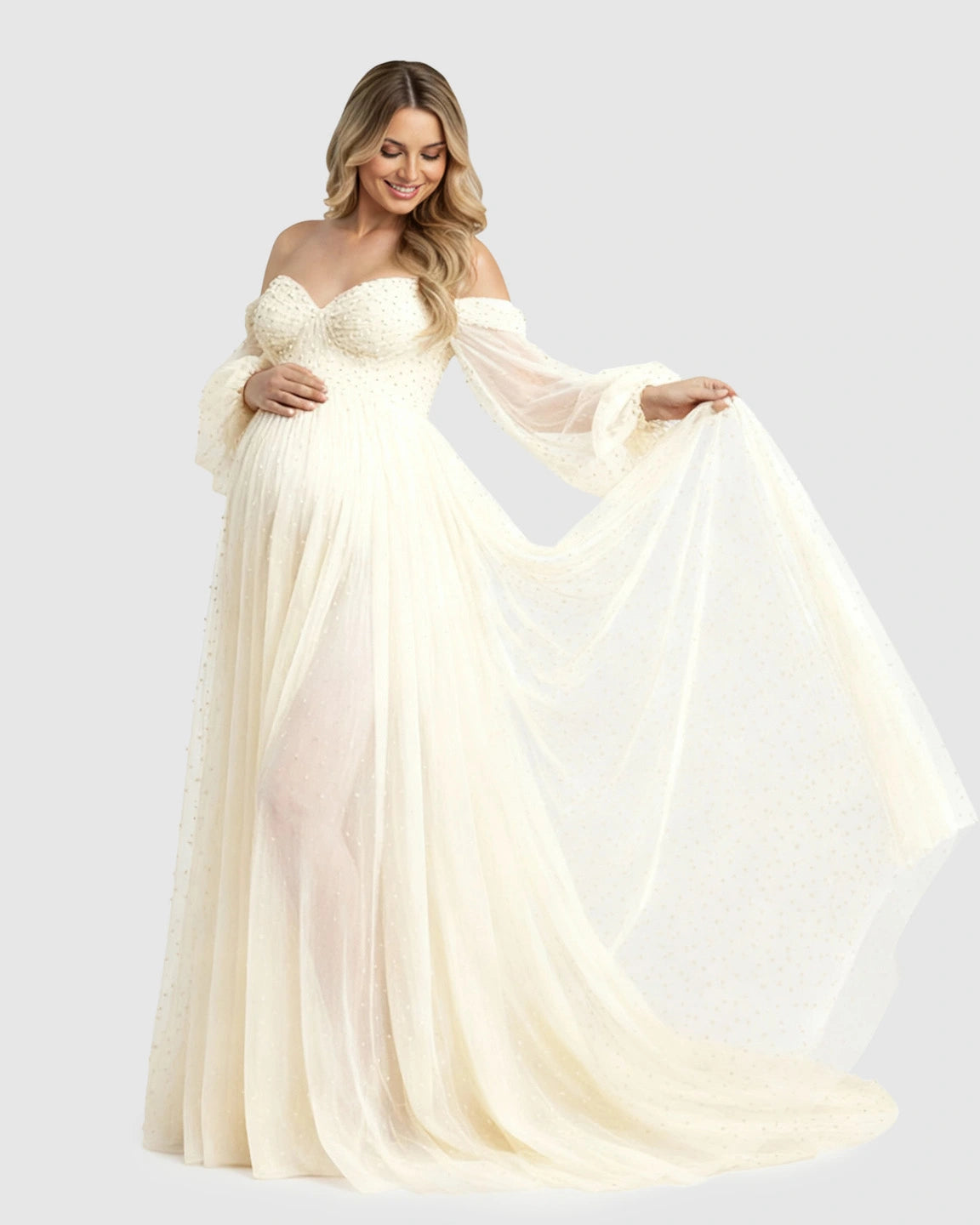 Off-Shoulder Tulle Train Maternity Gown