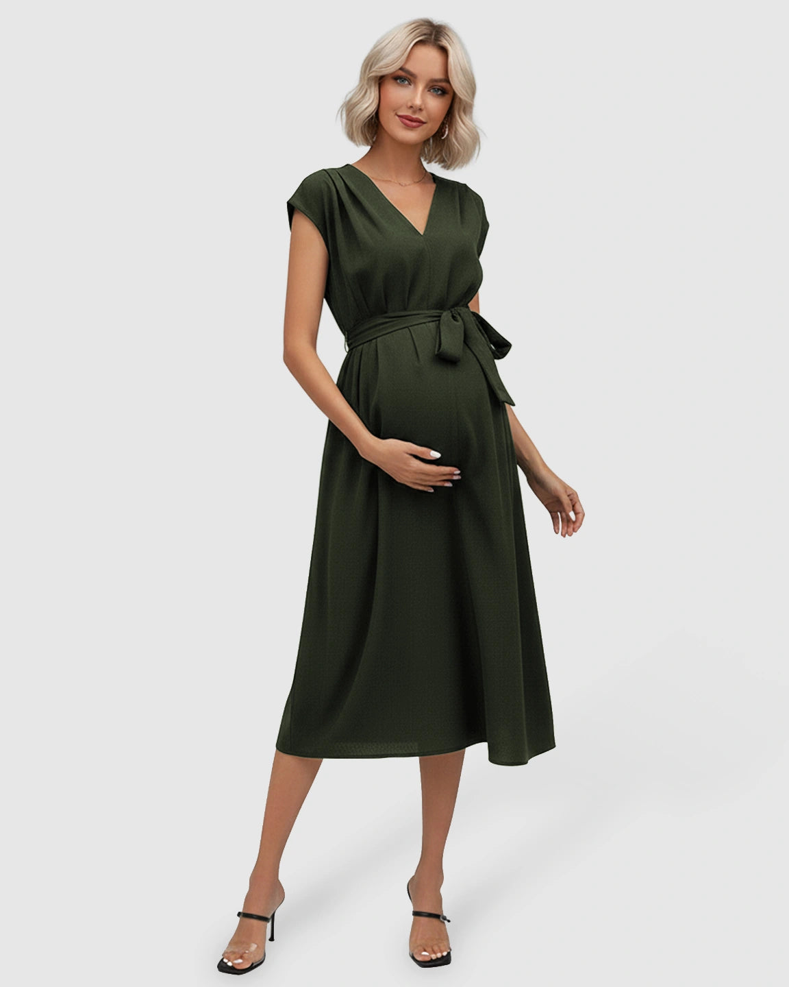 Tie-Waist V-Neck Maternity Midi Dress