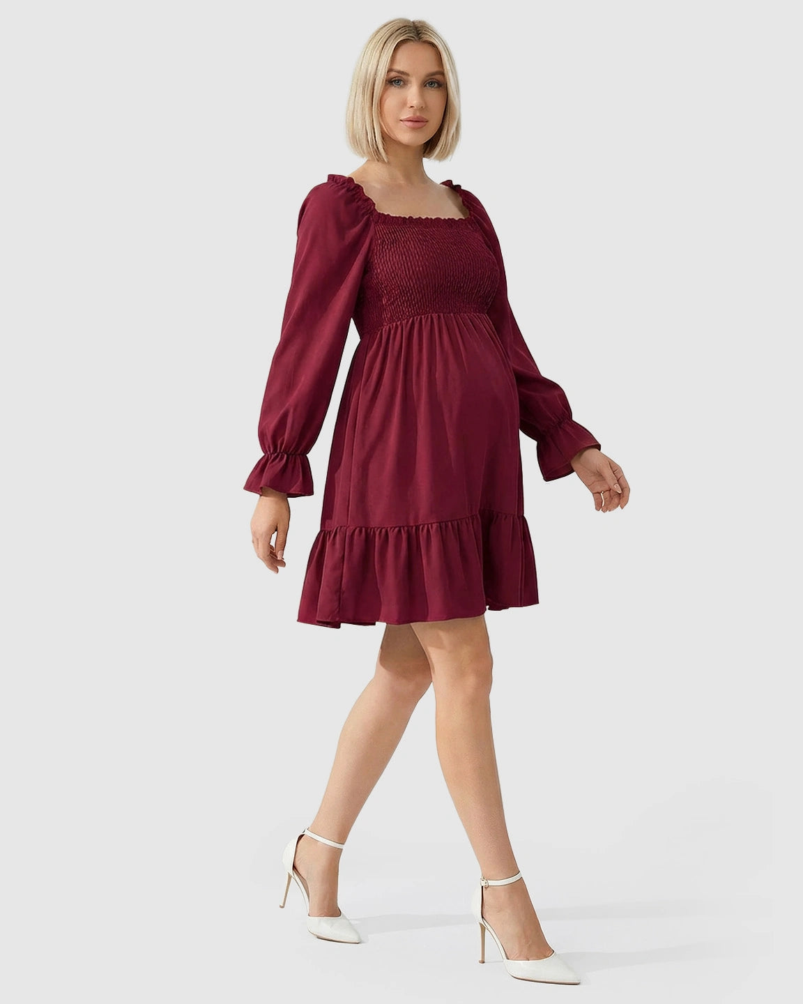 Flared Sleeve Smocked Babydoll Maternity Dress