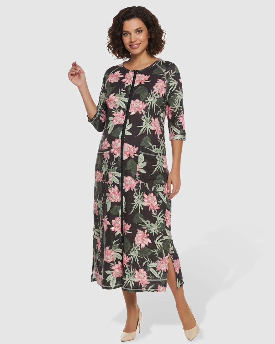 Front Zipper Floral Print Maternity Nursing Lounge Dress