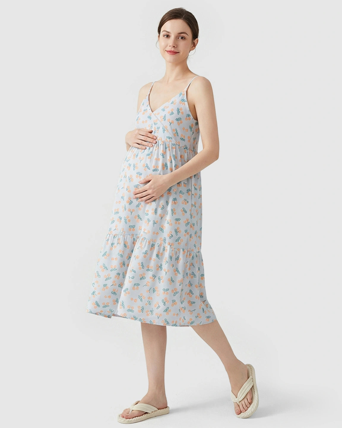 Spaghetti Strap Tiered Skirt Maternity Nightdress