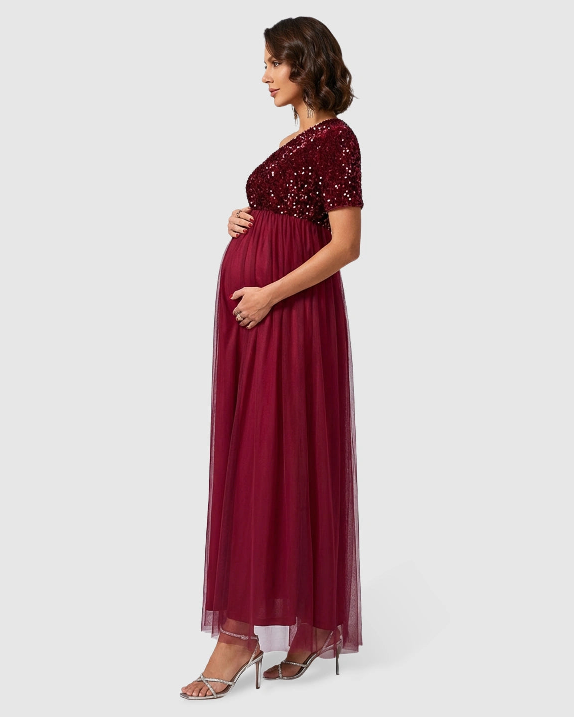 Sequin One-Shoulder Elegant Maternity Maxi Dress