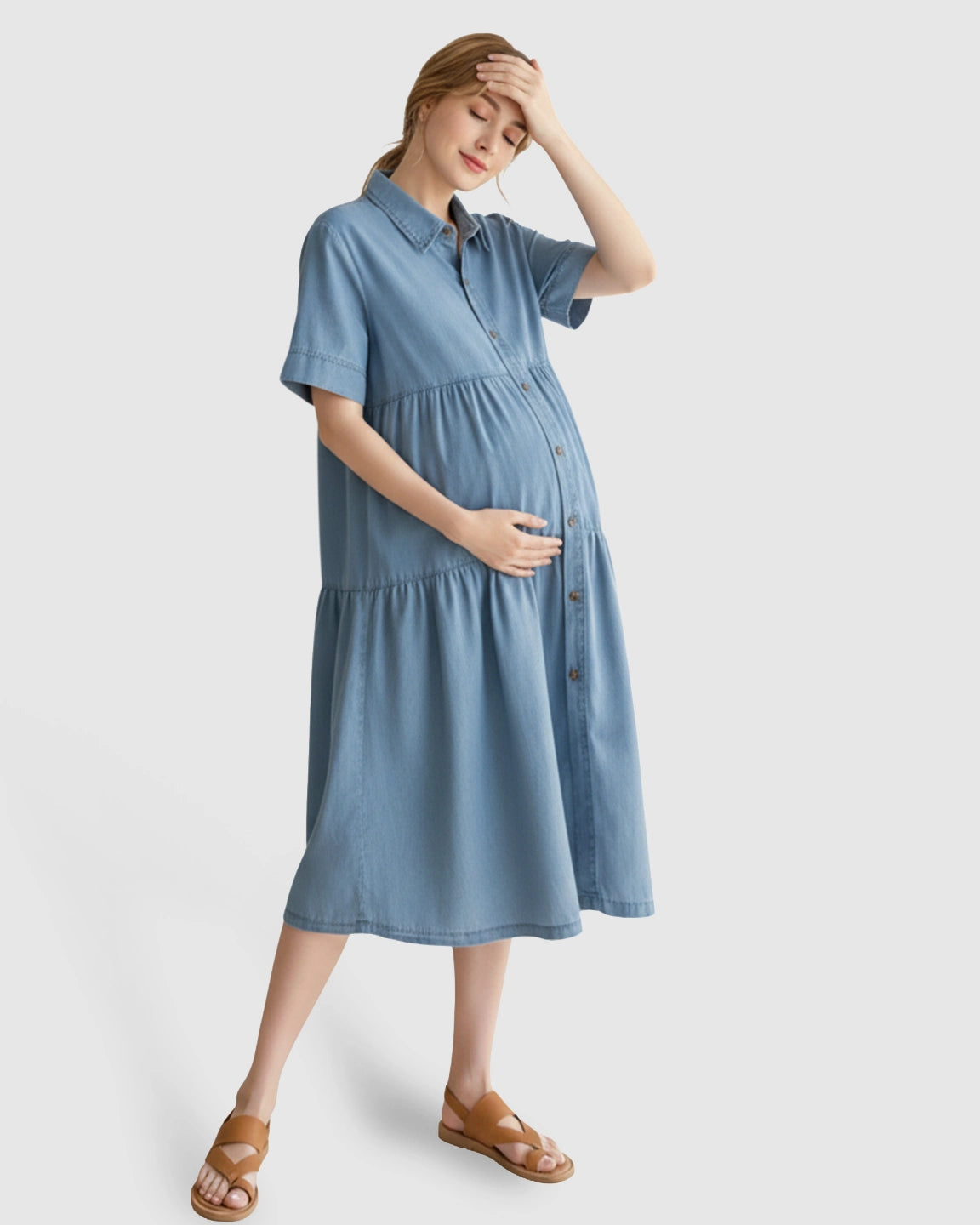 Tiered Denim Casual Maternity Midi Dress