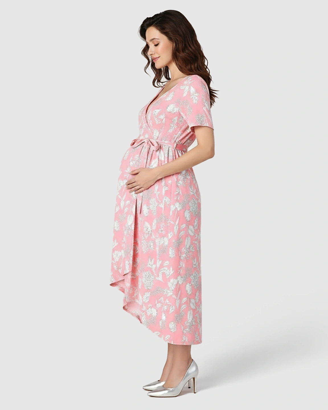 V-Neck Floral Wrap Maternity Midi Dress