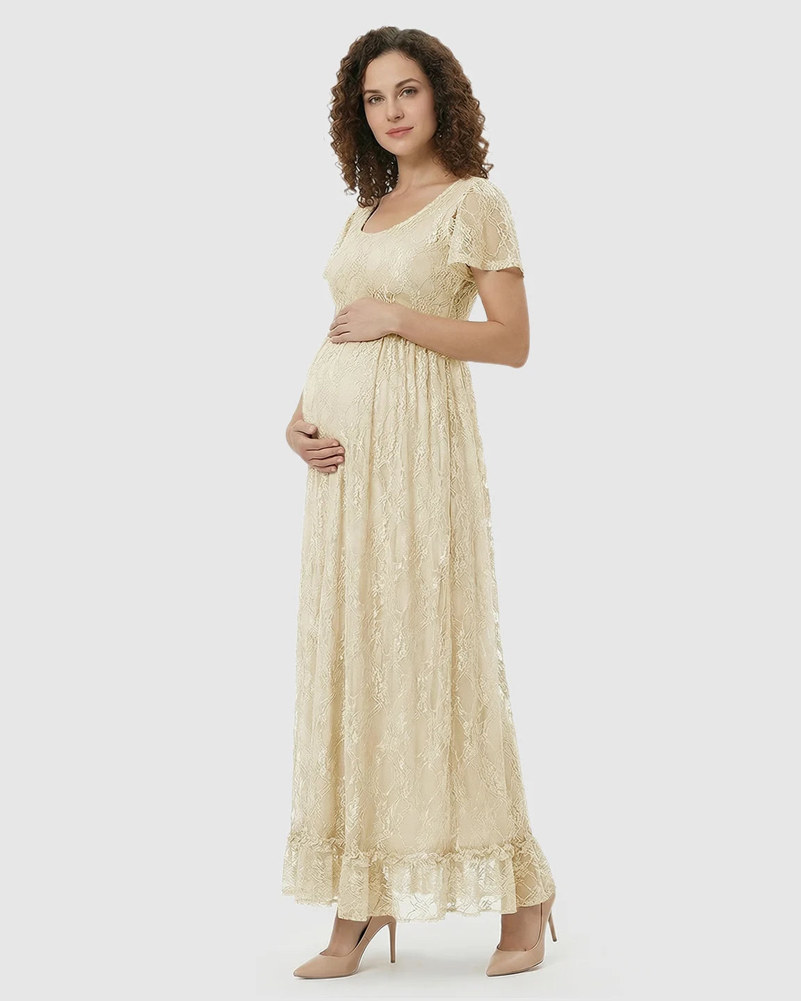 Ruffled Hem Floral Lace Maternity Photoshoot Dress