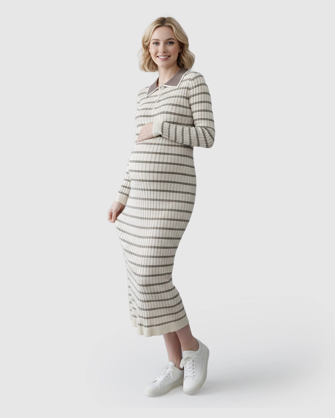Contrast Collared Casual Maternity Midi Dress