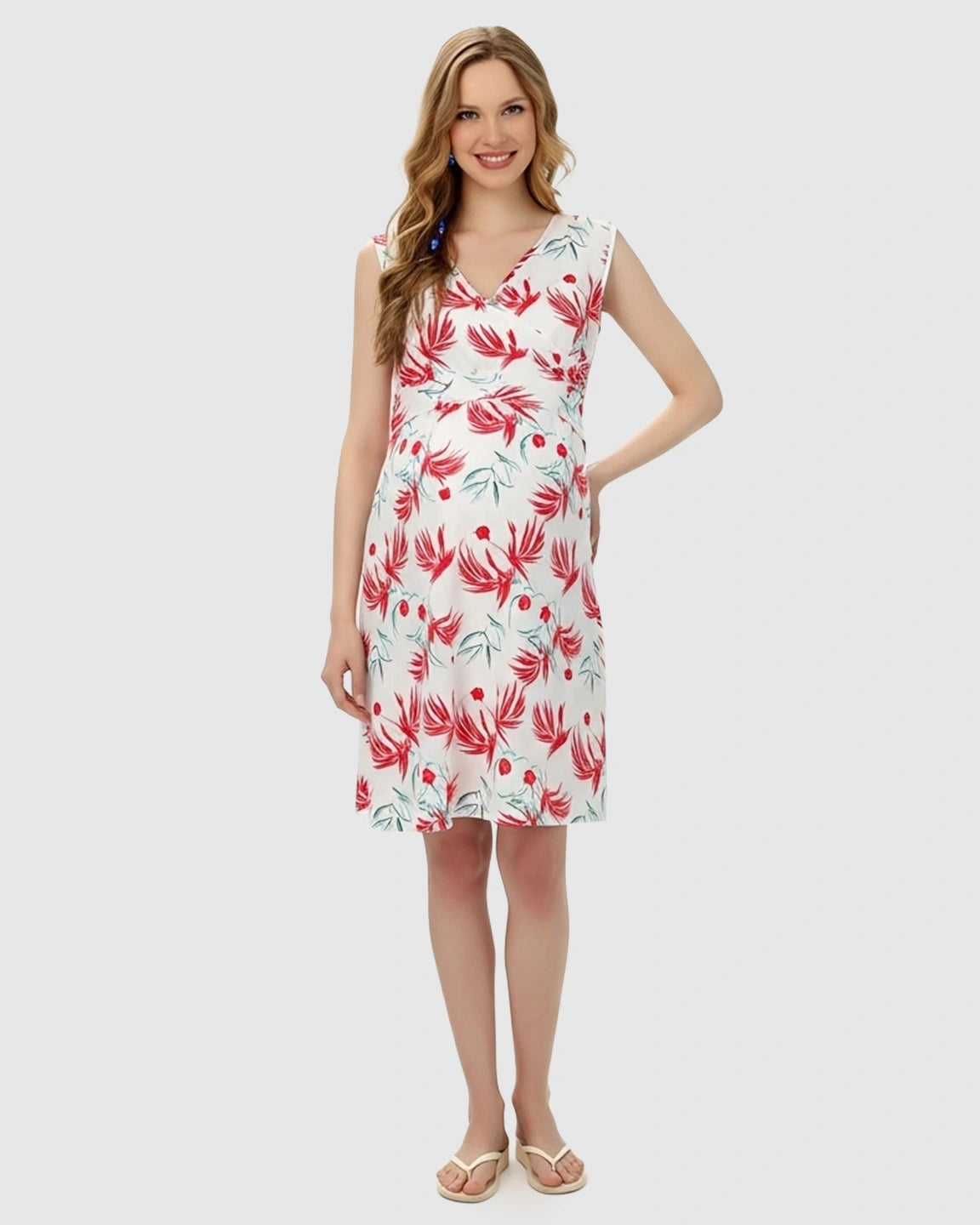 Cross V Neck Tropical Maternity Dress