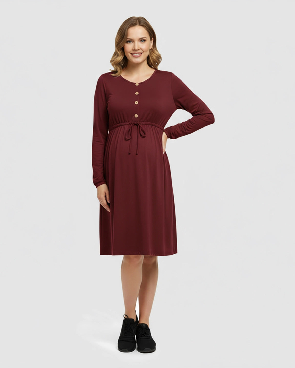 Button-Front Drawstring Waist Maternity Dress