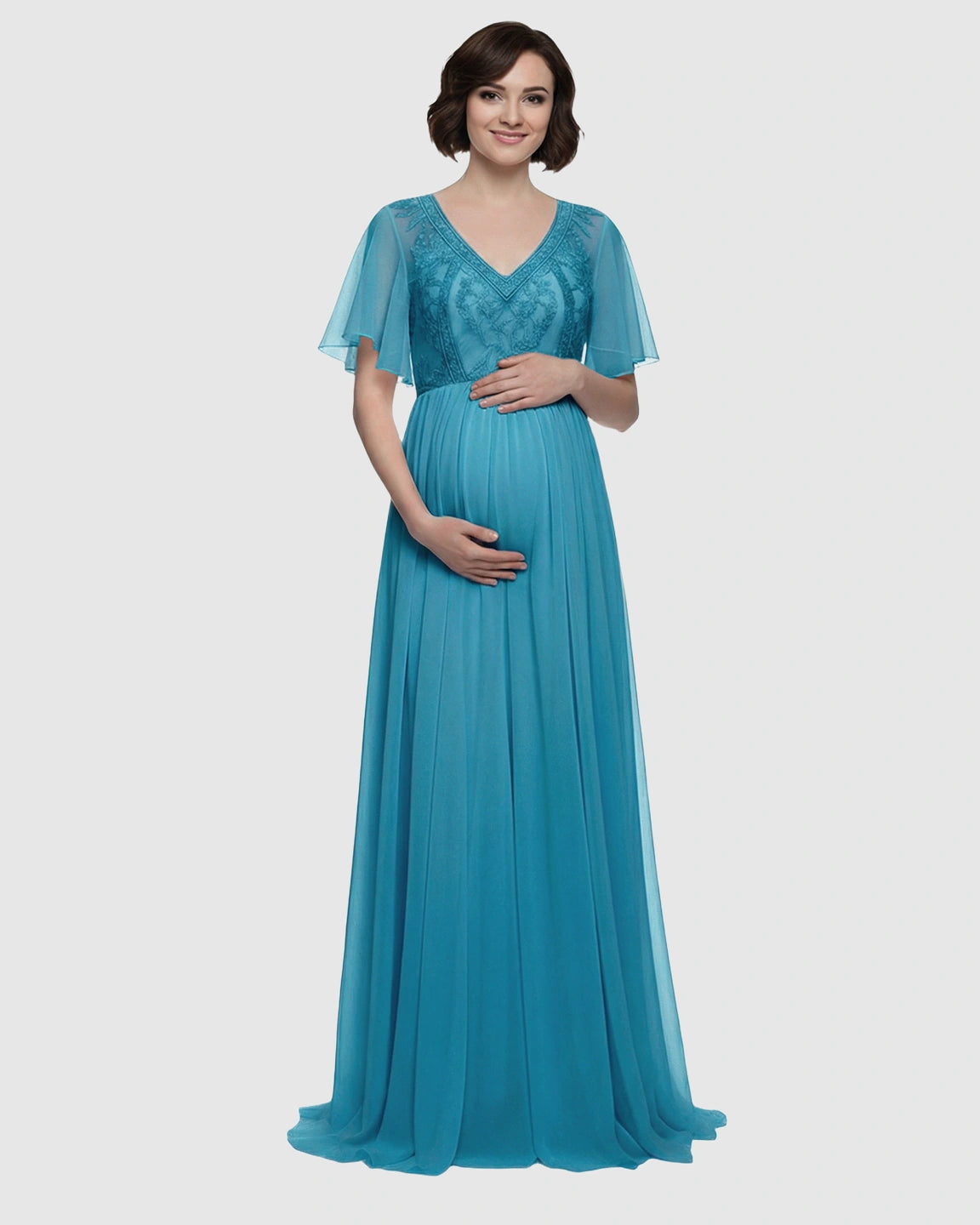 Embroidered Bodice Long Train Maternity Photoshoot Gown