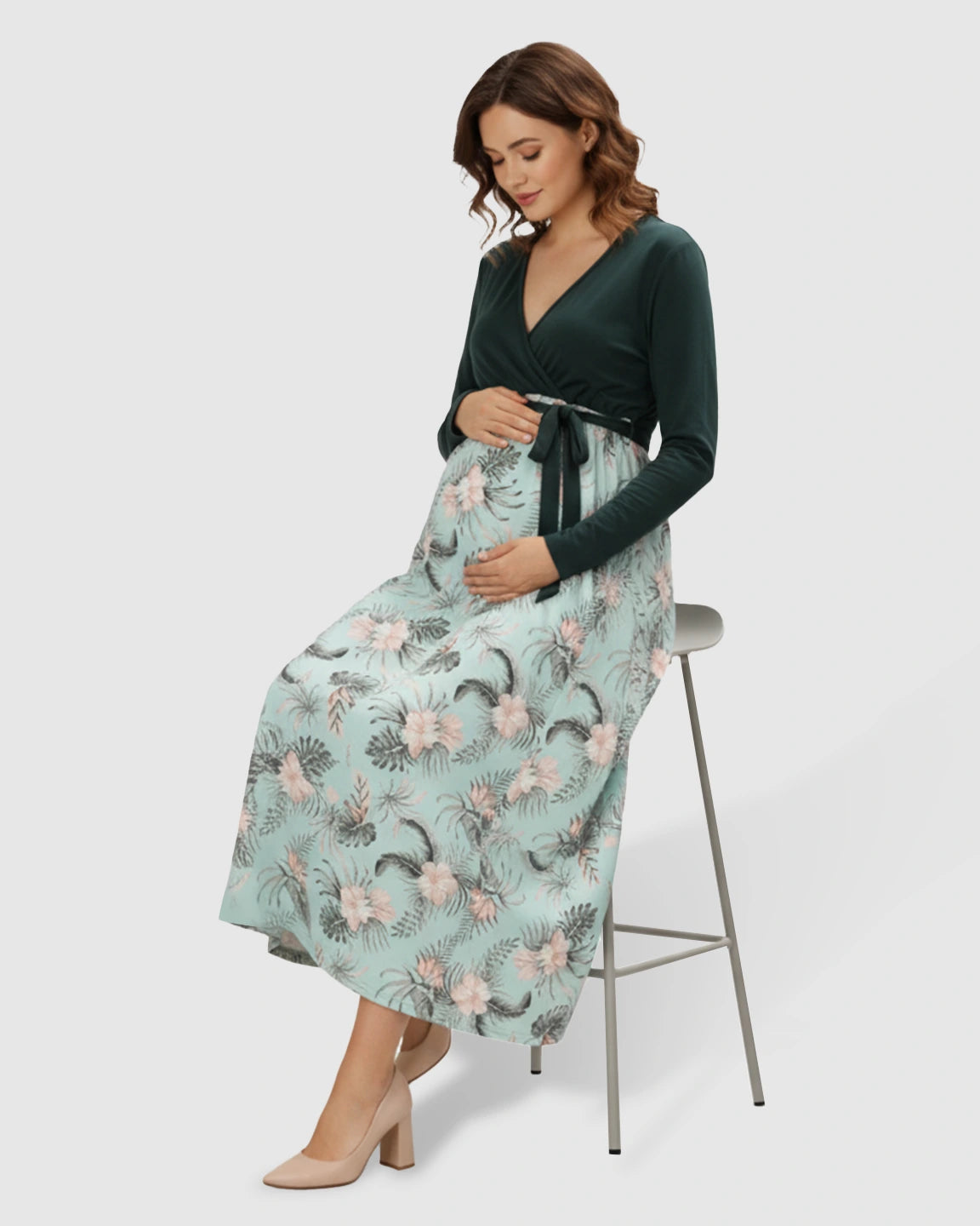 Long-Sleeve V-Neck Floral Maternity Midi Dress