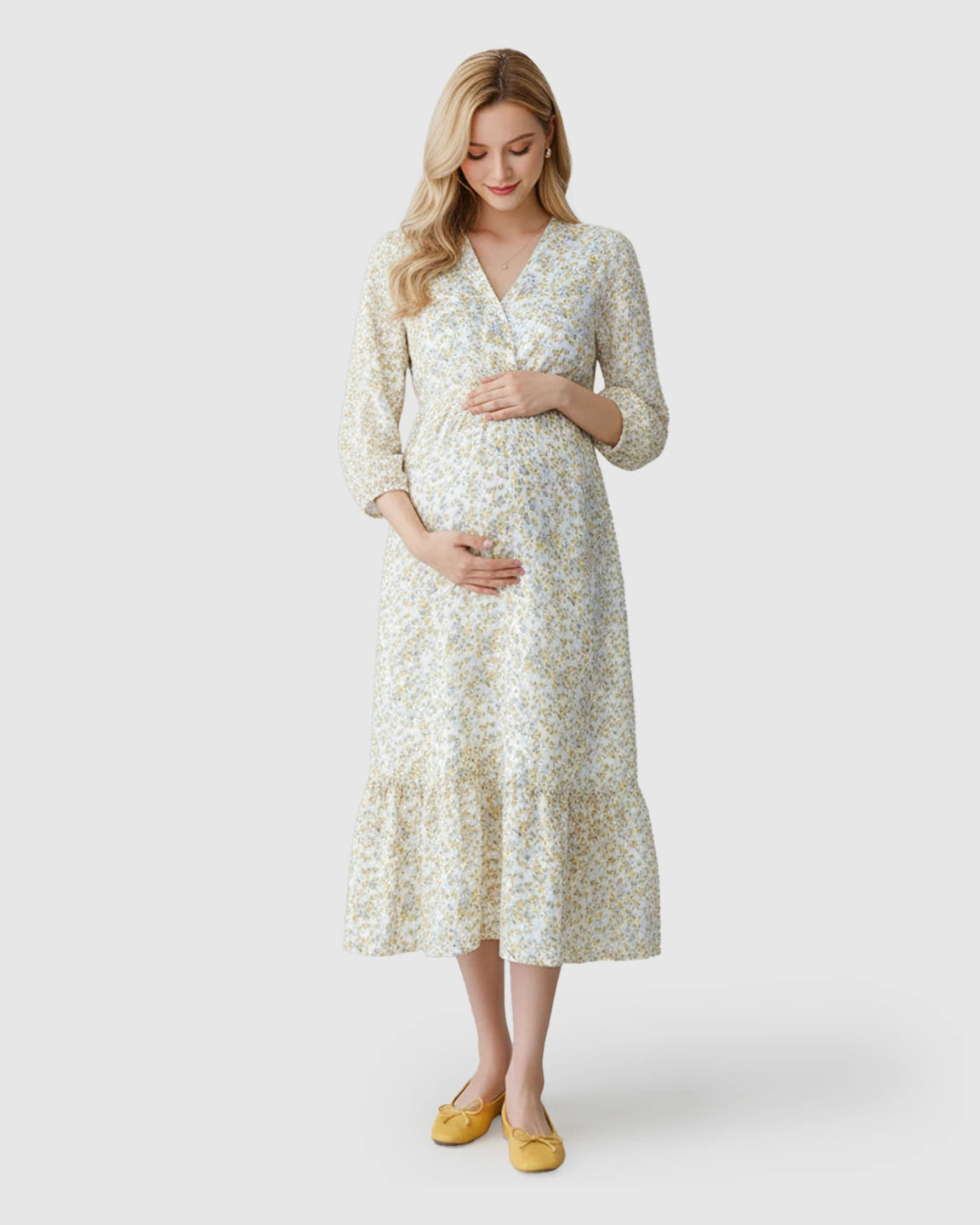 Floral Ruffle Hem Smocked Waist Maternity Midi Dress