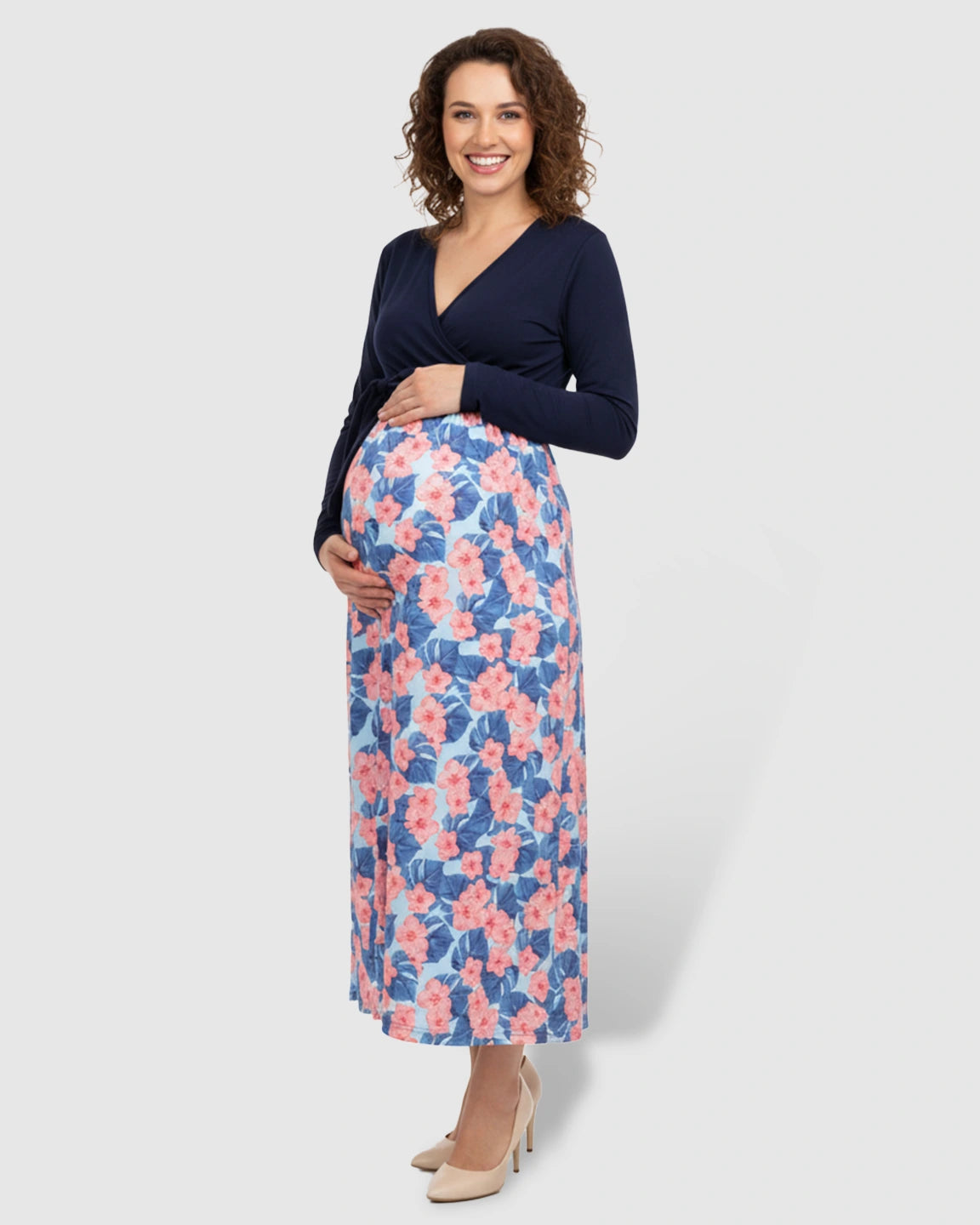 Floral V-Neck Maternity Midi Dress