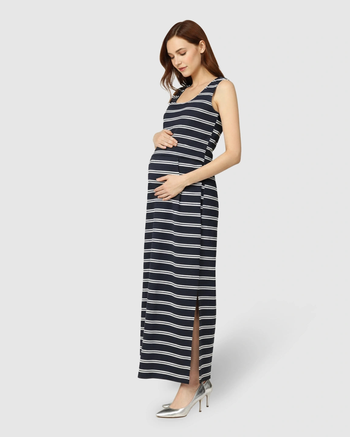 Hidden-Nursing Access Sleeveless Maternity Maxi Dress