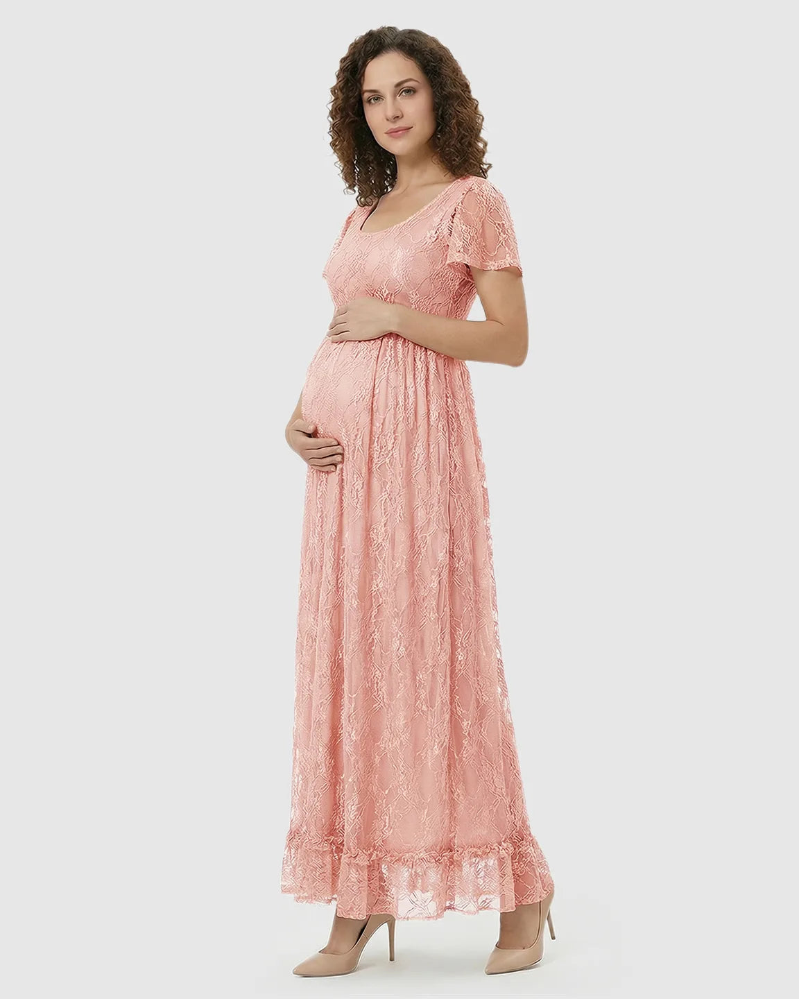 Ruffled Hem Floral Lace Maternity Photoshoot Dress