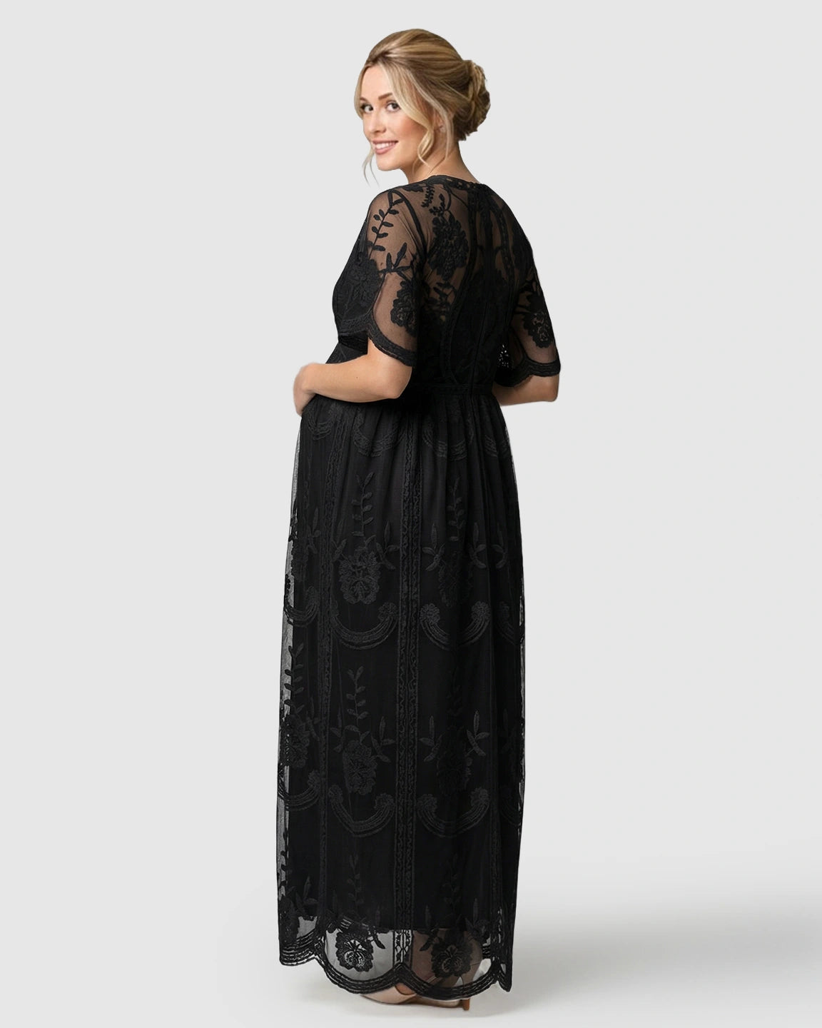 Sheer-Lace Romantic Maternity Maxi Dress