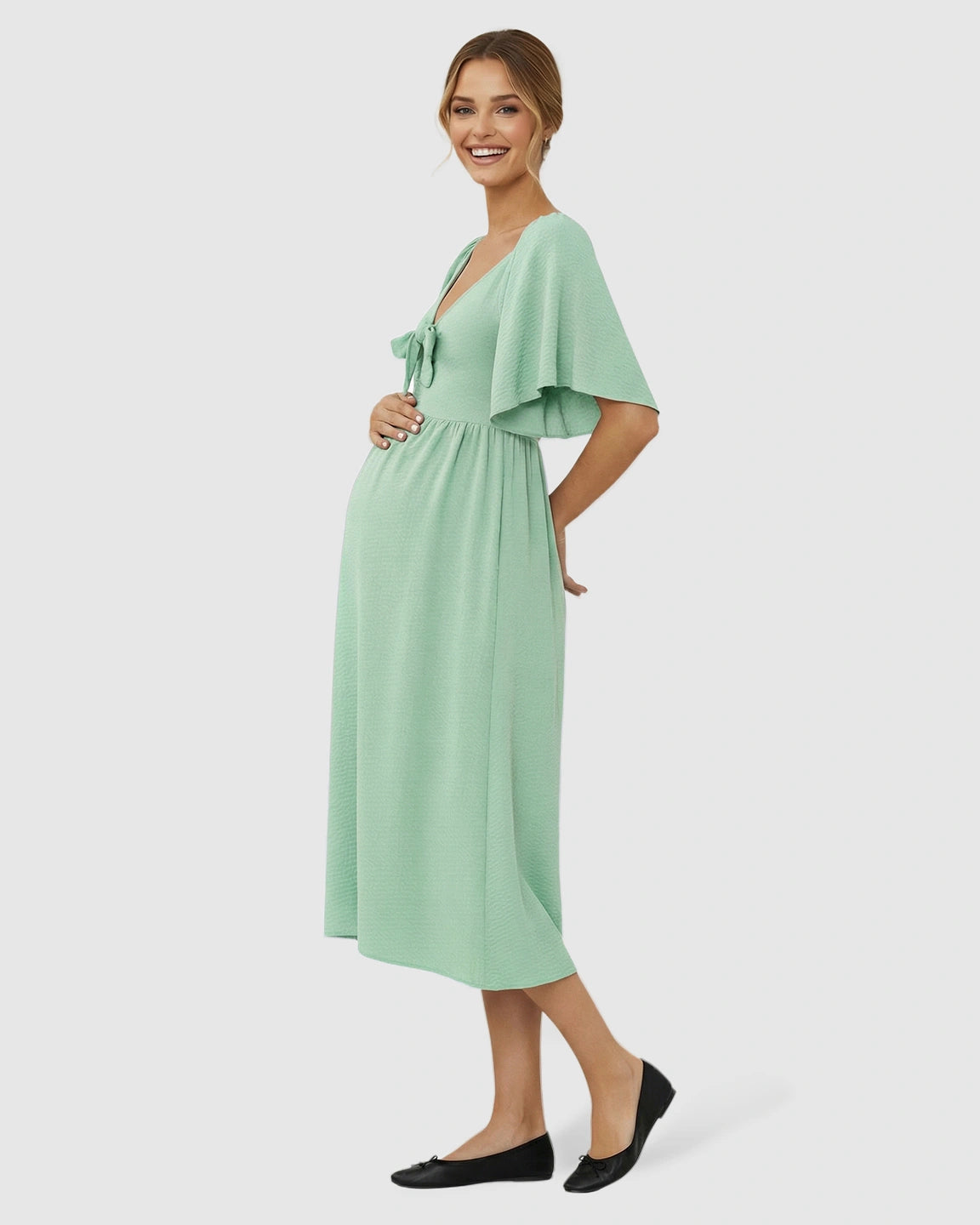 Tie-Knot Front Swing Silhouette Maternity Midi Dress