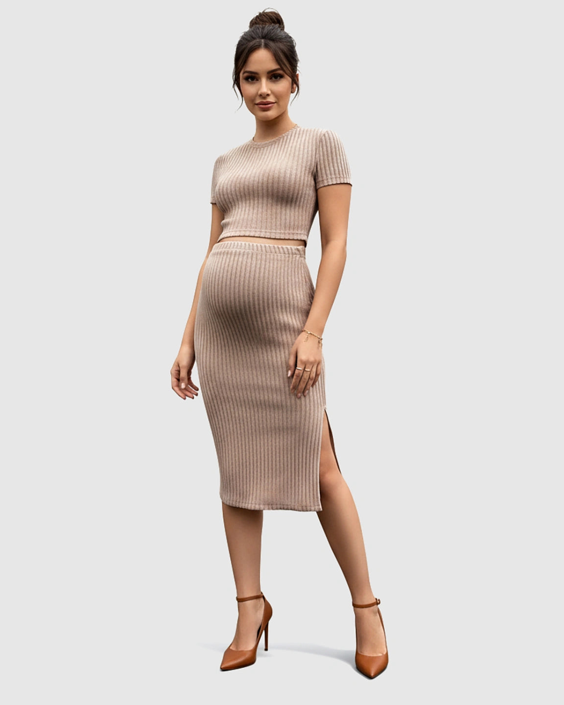 Ribbed Crop Top & Side-Slit Bodycon Maternity Skirt Set