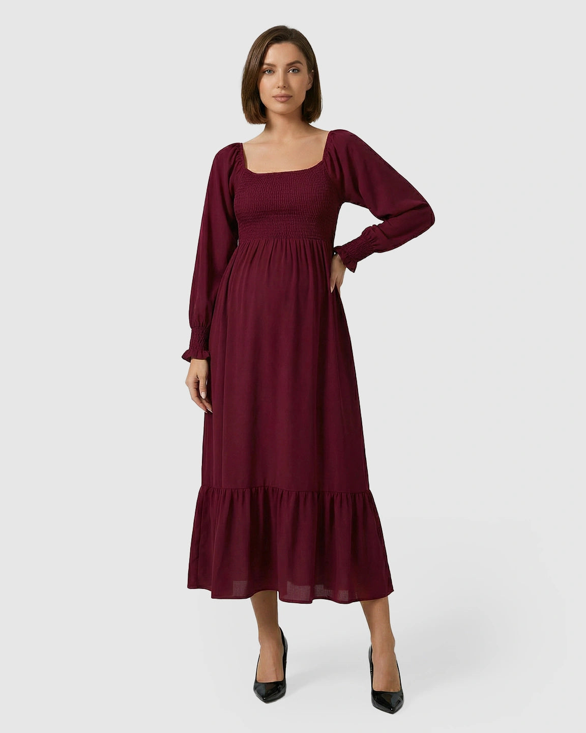 Smocked Square Neck Ruffled Hem Maternity Maxi Dress
