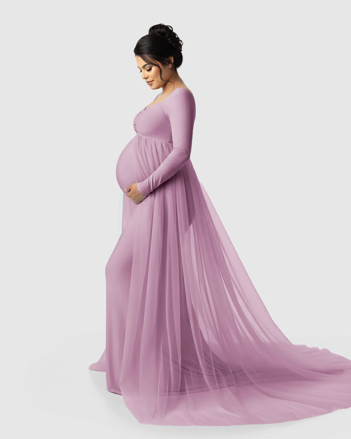 Sheer Mesh Flowy Train Maternity Maxi Dress
