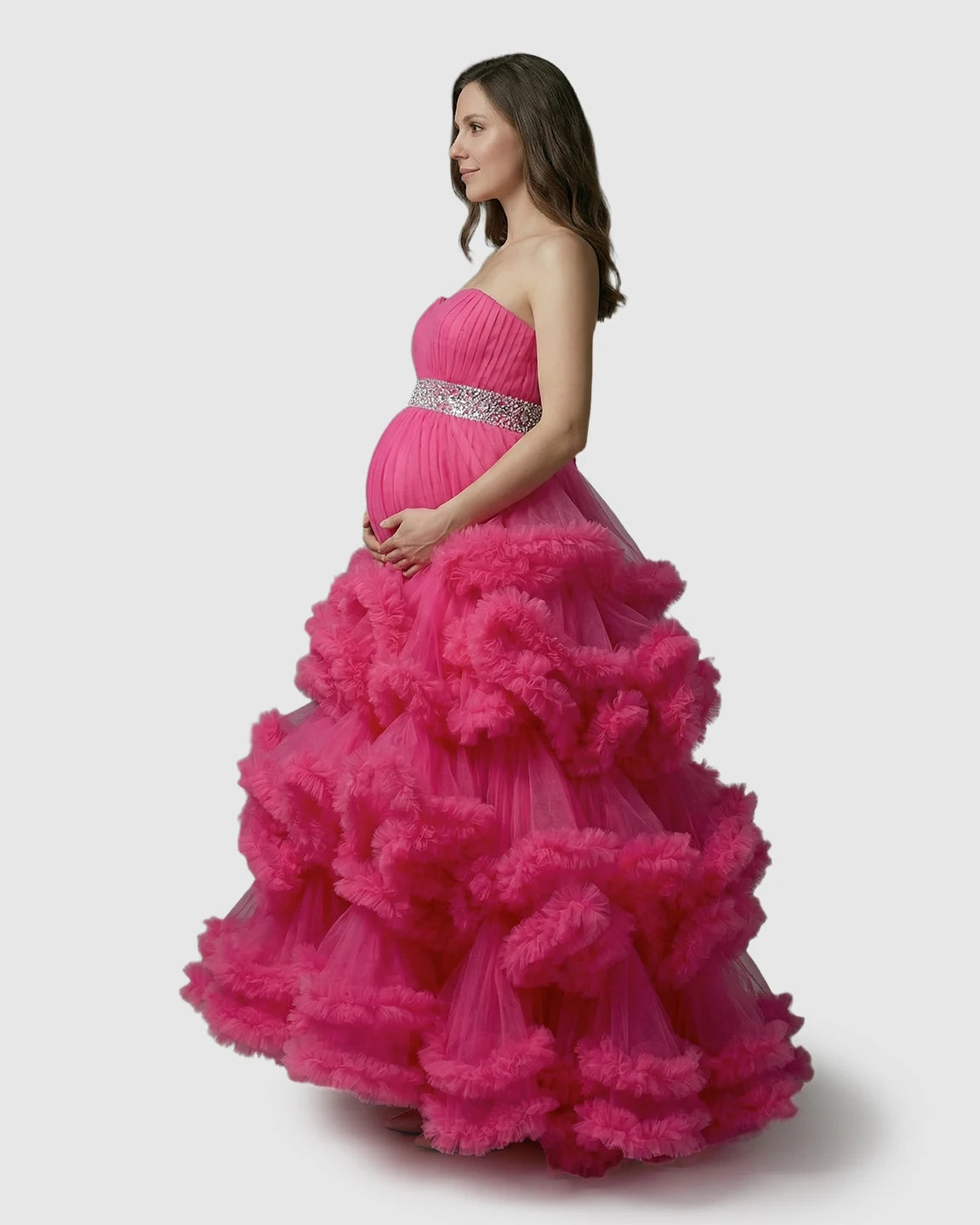 Strapless Bodice Multi-Layered Ruffled Skirt Maternity Photoshoot Dress