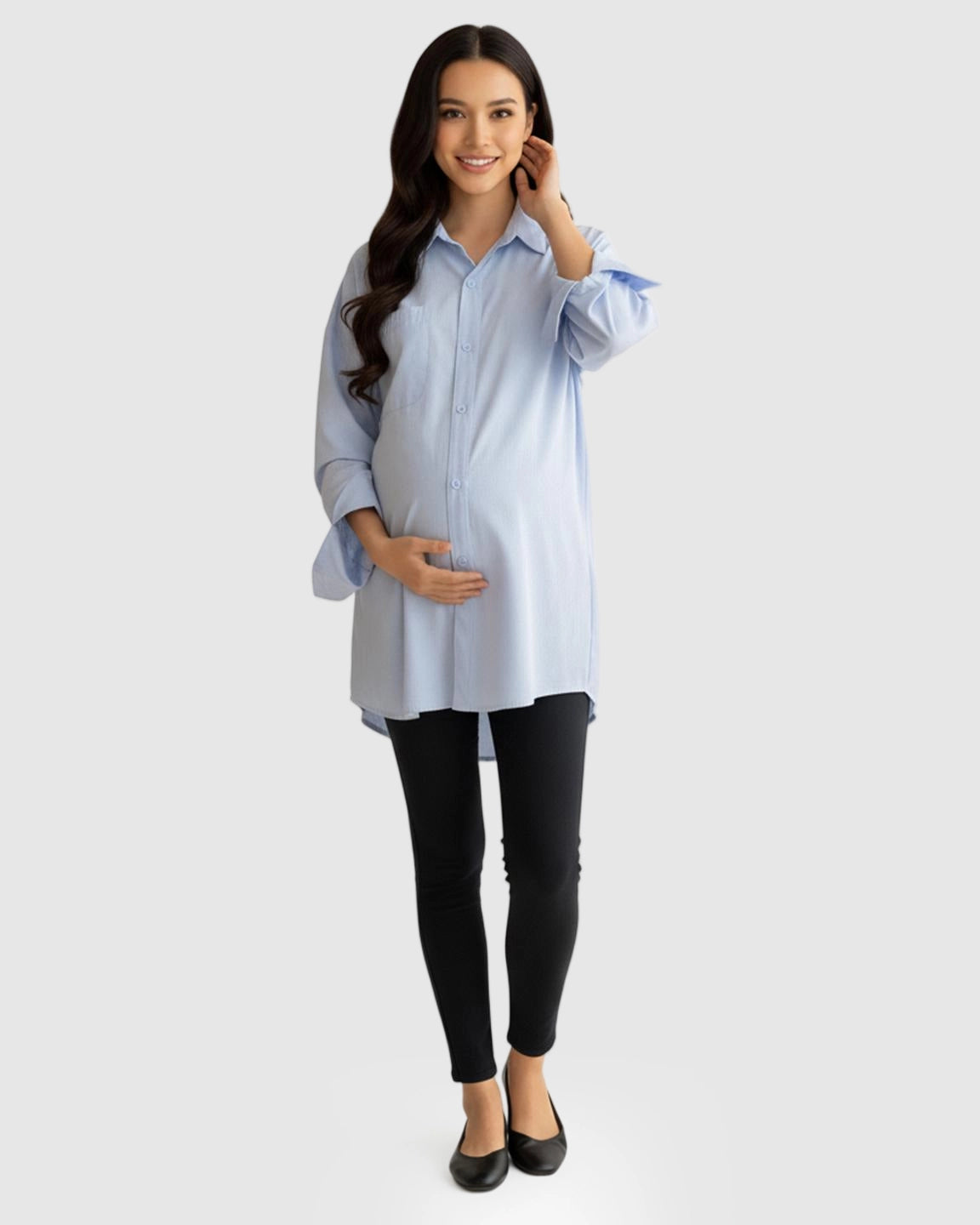 Cotton Lapel Long Sleeve Maternity Tunic