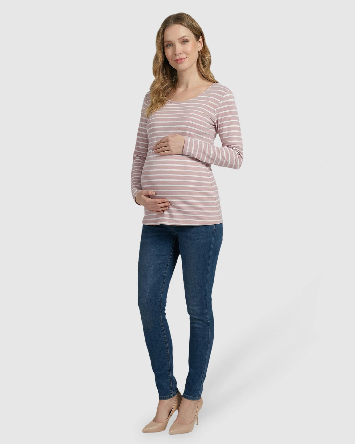 Round Neck Stripe Pull-up Maternity & Nursing Top